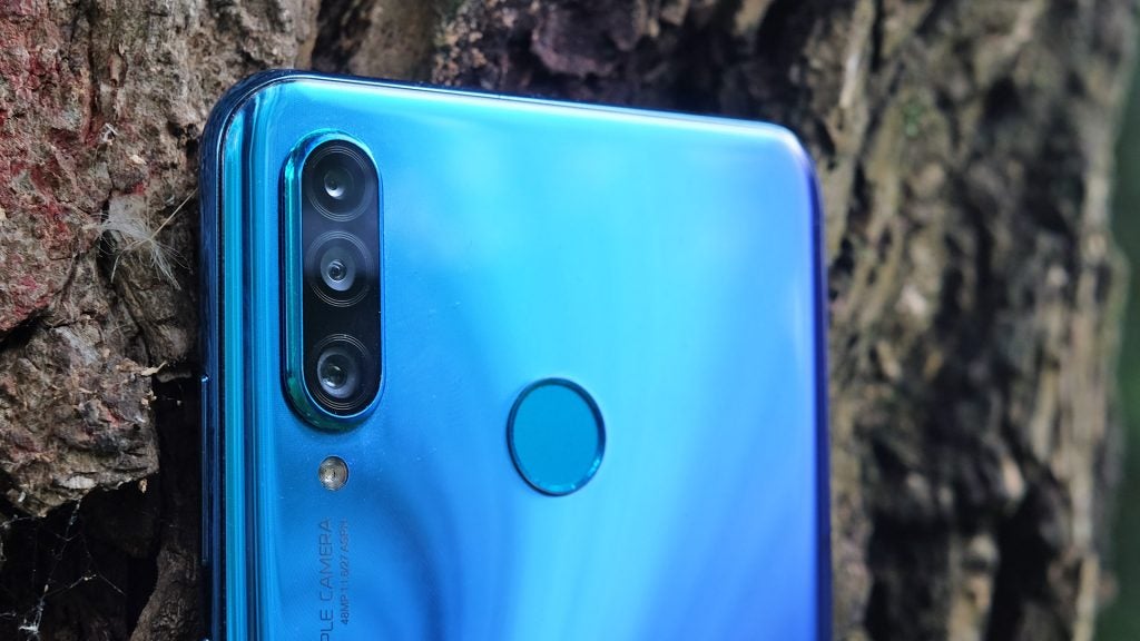 Top half back panel view of a blue Huawei P30 Lite standing on a tree trunk facing back