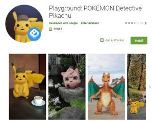 Screenshot of an app on Play store named Playground: Pokemon Detective Pikachu