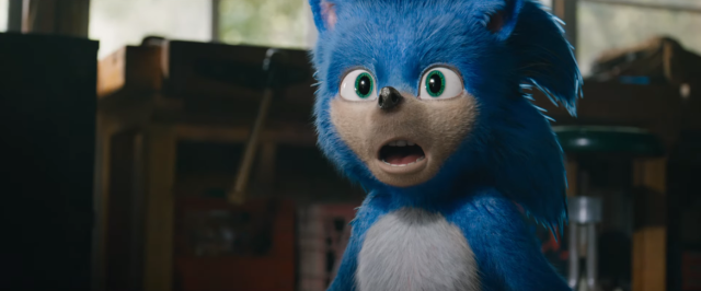 Sonic the Hedgehog reacting shockingly, picture from a movie called Sonic the Hedgehog