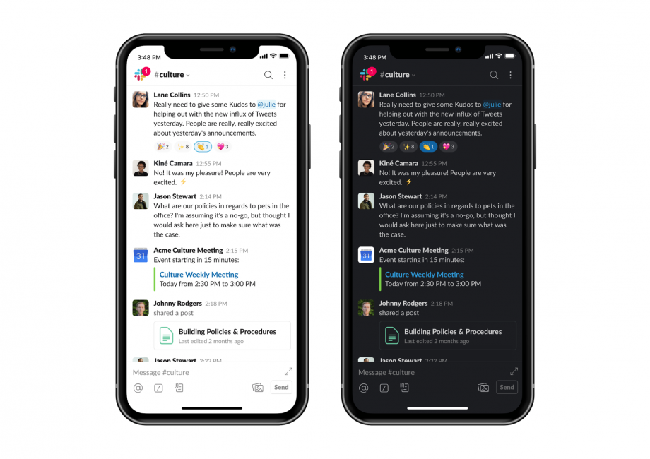 Two iPhones standing on white background displaying dark mode on Slack