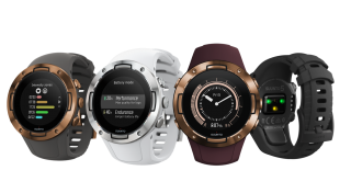 A wallpaper of Sunnto 5 watch with four different watches standing on silver background