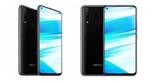 A wallpaper of Vivo Z5X smartphone standing on white background showing front and back panel view