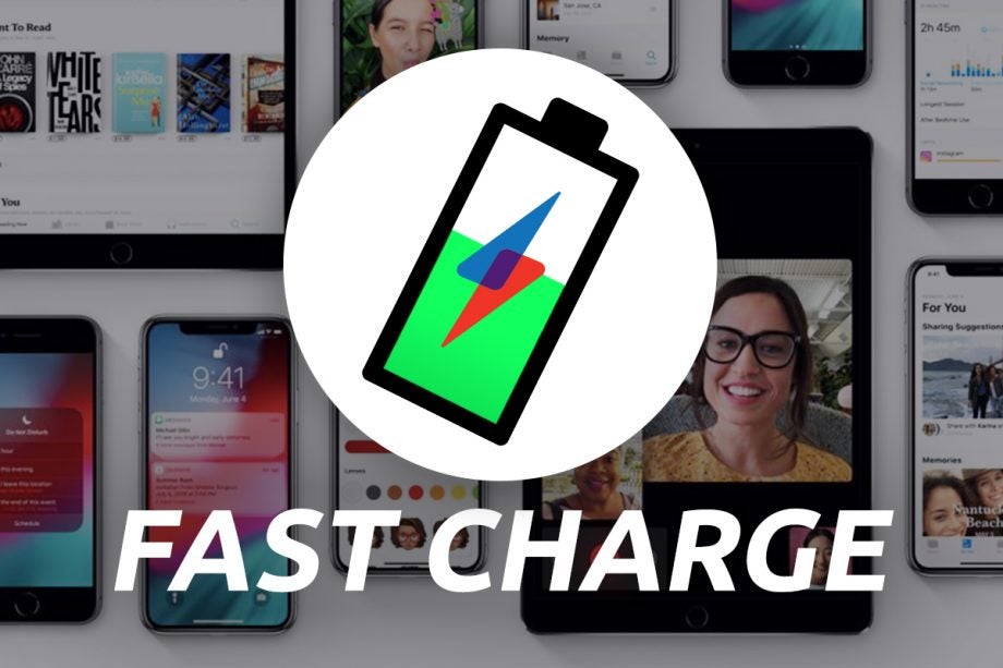 iPhones and iPads kept on white background with a Fast charge logo and text on top