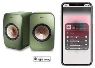 A wallpaper of KEF LSX speakers about being able to work with Apple AirPlay