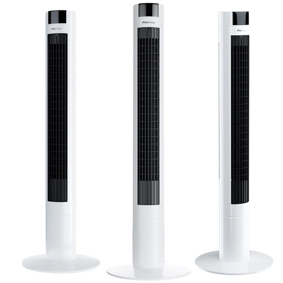 Three white ProBreeze 40 Tower Fan standing on white background