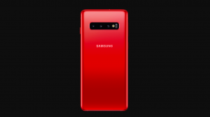 Back panel view of a red Samsung Galaxy S10 standing on black background