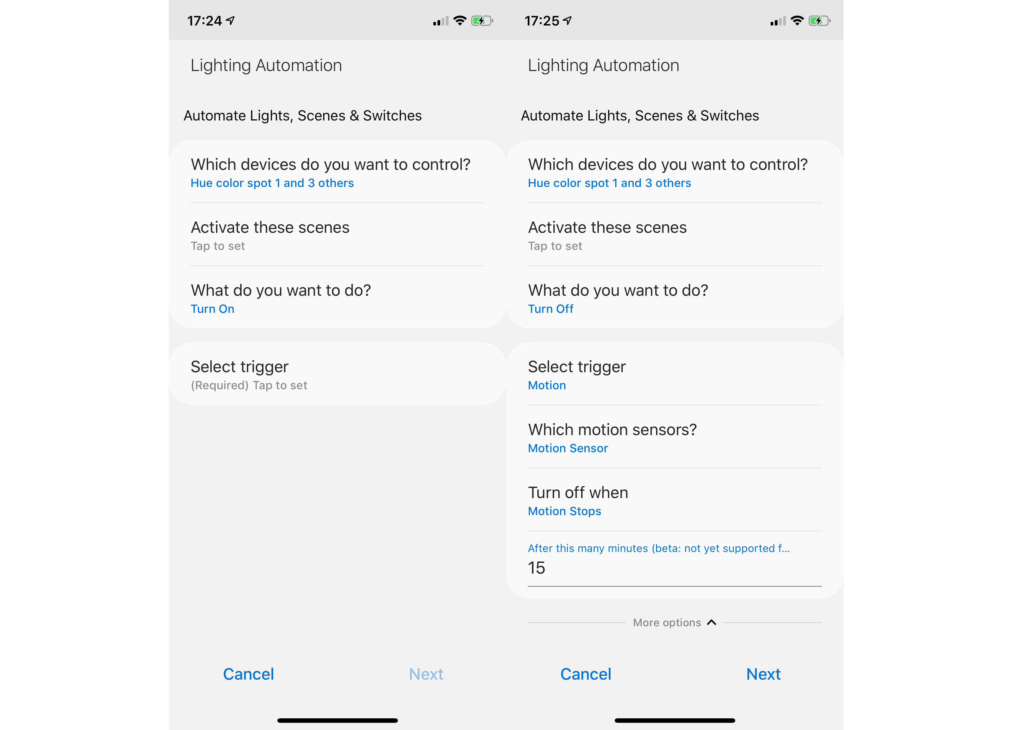 Screenshots from Samsung SmartThings about lighting automation