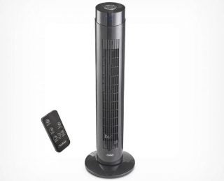 A black VonHaus 35 Tower Fan standing on white background with it's remote beside