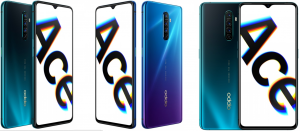 Six different variants of Oppo smartphones standing on white background showing front and back panel view