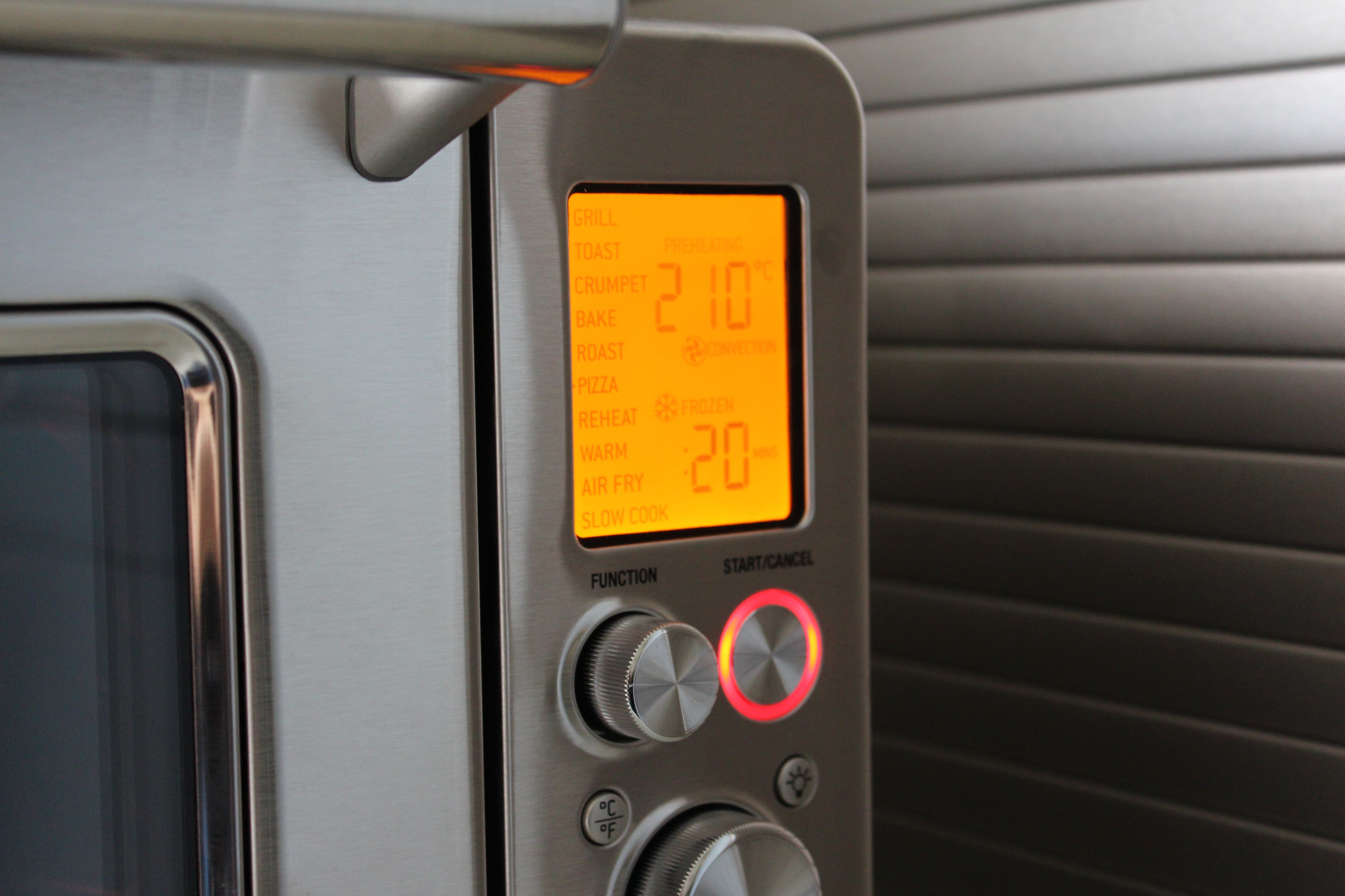 Sage the Smart Oven Air Fry temperature displayClose up view of small screen of a silver Sage the Smart Oven Air Fry