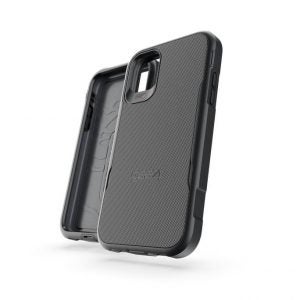 Two black Gear4 iPhone 11 case standing on white background showing front and back panel