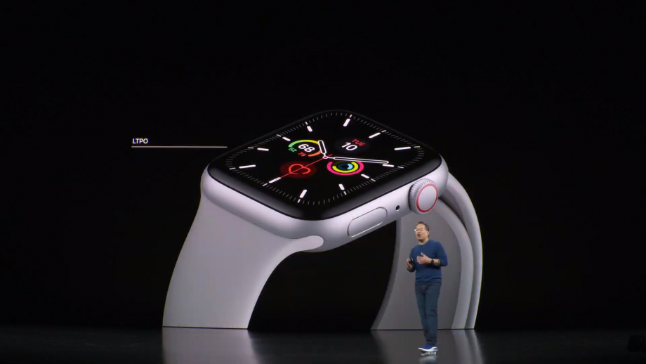 A man standing on stage with an Apple Watch series 5 with LTPO label displayed on the screen behind