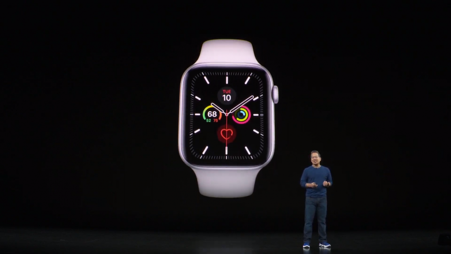 A man standing on stage with an Apple Watch series 5 displayed on the screen behind