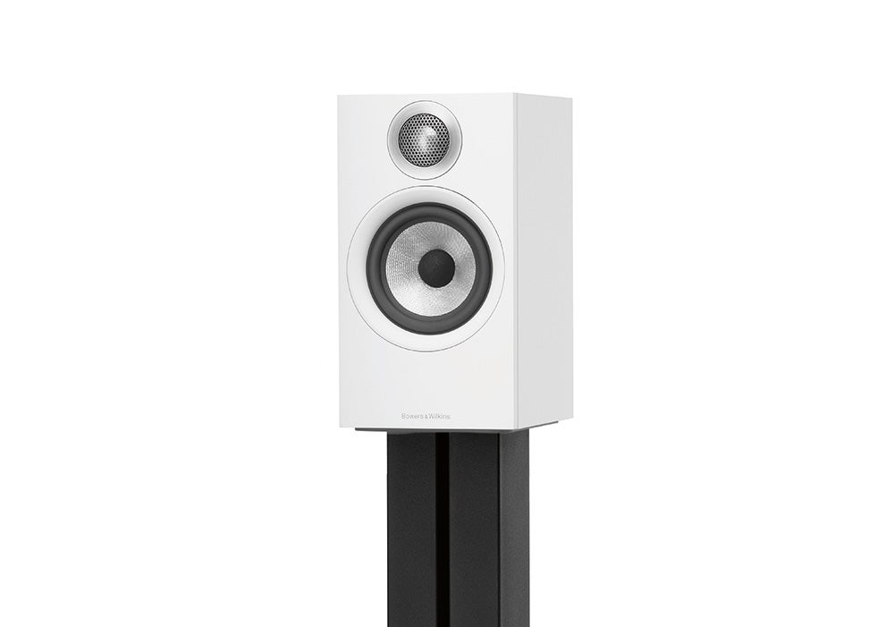 B&W 607A white BW 607 speaker kept on a black stand on a white background