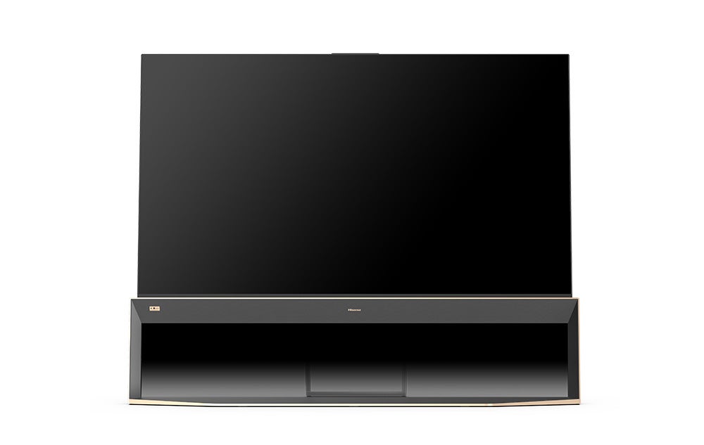 A black Hisense 85U9E TV standing on a white background on stand
