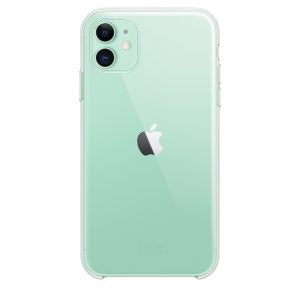 A green Apple iPhone 11 Clear Case standing on white background