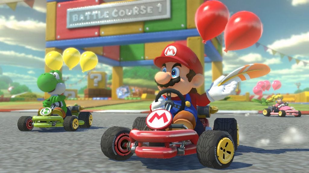 A scene from a game of Mario racing called Mario Kart