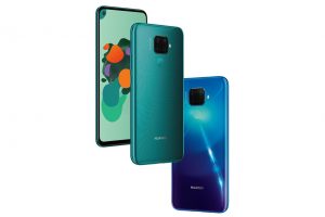 Three different colored Huawei Mate 30 lite floating on a white backgroun showing front and back panel