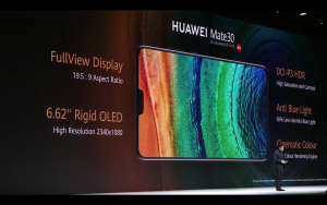 A man standing on stage with Huawei Mate 30's screen features displayed on screen behind