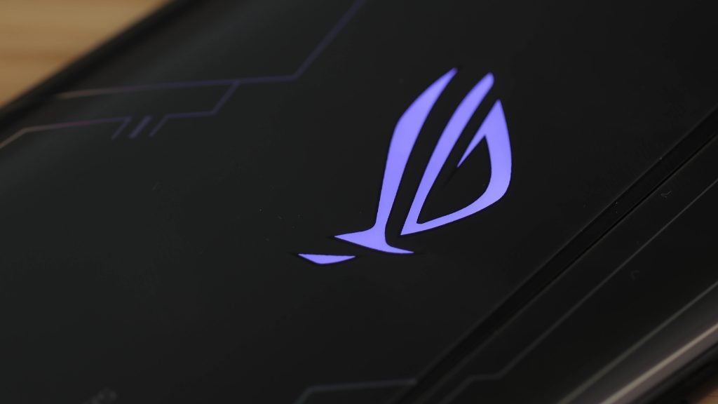 Close up view of Asus logo on an Asus ROG Phone 2