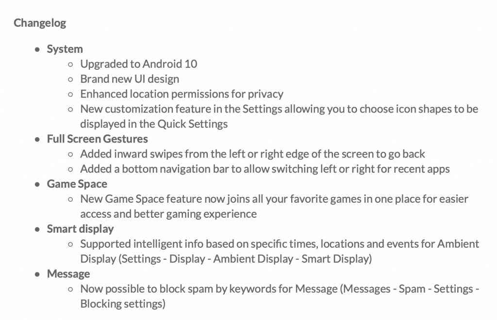 Screenshot of an Android update's changelog, upgrading to Android 10