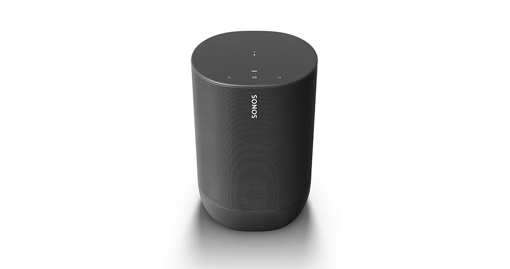 A black Sonos Move speaker standing on a white background