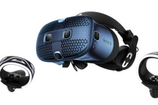 A blue-black Vive Cosmos VR floating on a white background