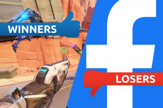 Overwatch game on left tagged as winners and a Facebook logo on right tagged as losers