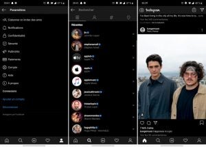Instagram dark modeScreenshots of Instagram's account section, search screen and home screen in dark mode
