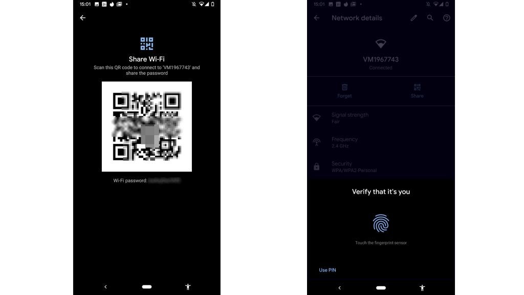 Screenshots from a smartphone about Wi-Fi password QR and network details screen with a verify pop-up