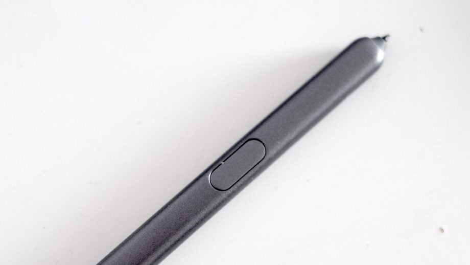 Close up view of a S-Pen kept on a white background