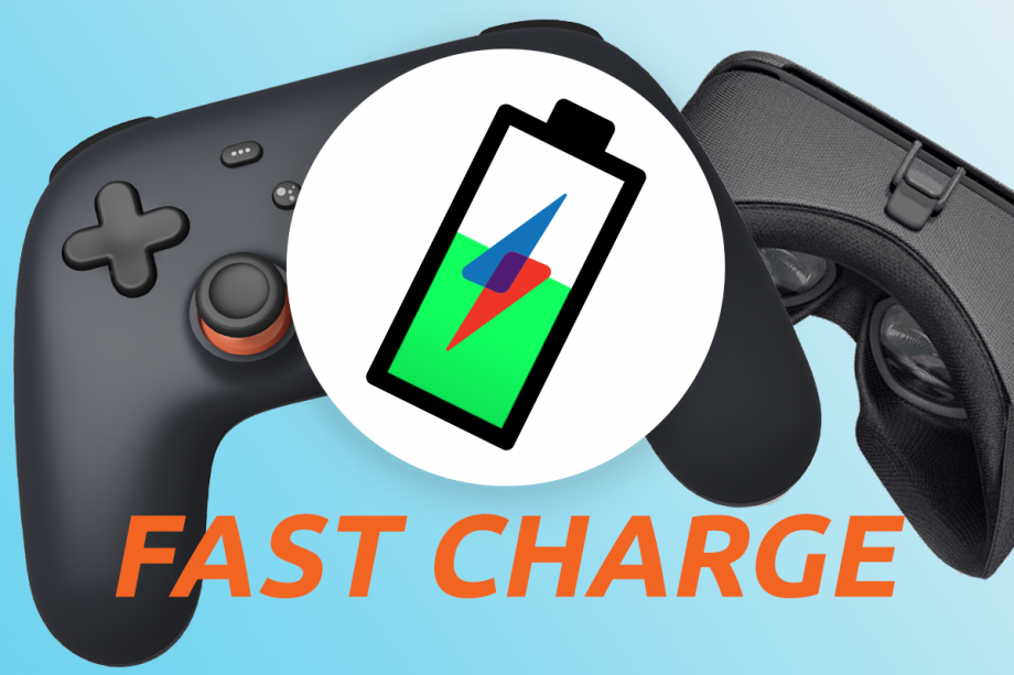 A black VR and a black gaming controller floating on a cyan background with a Fast charge logo and text on top