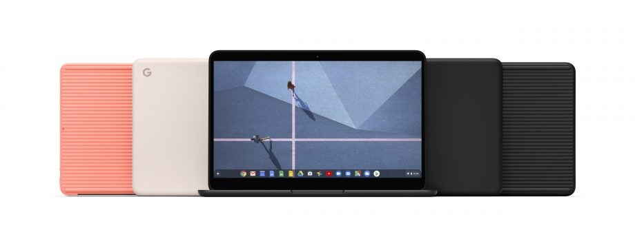 Different colored Google Pixelbook Go standing on white background showing front and back panel