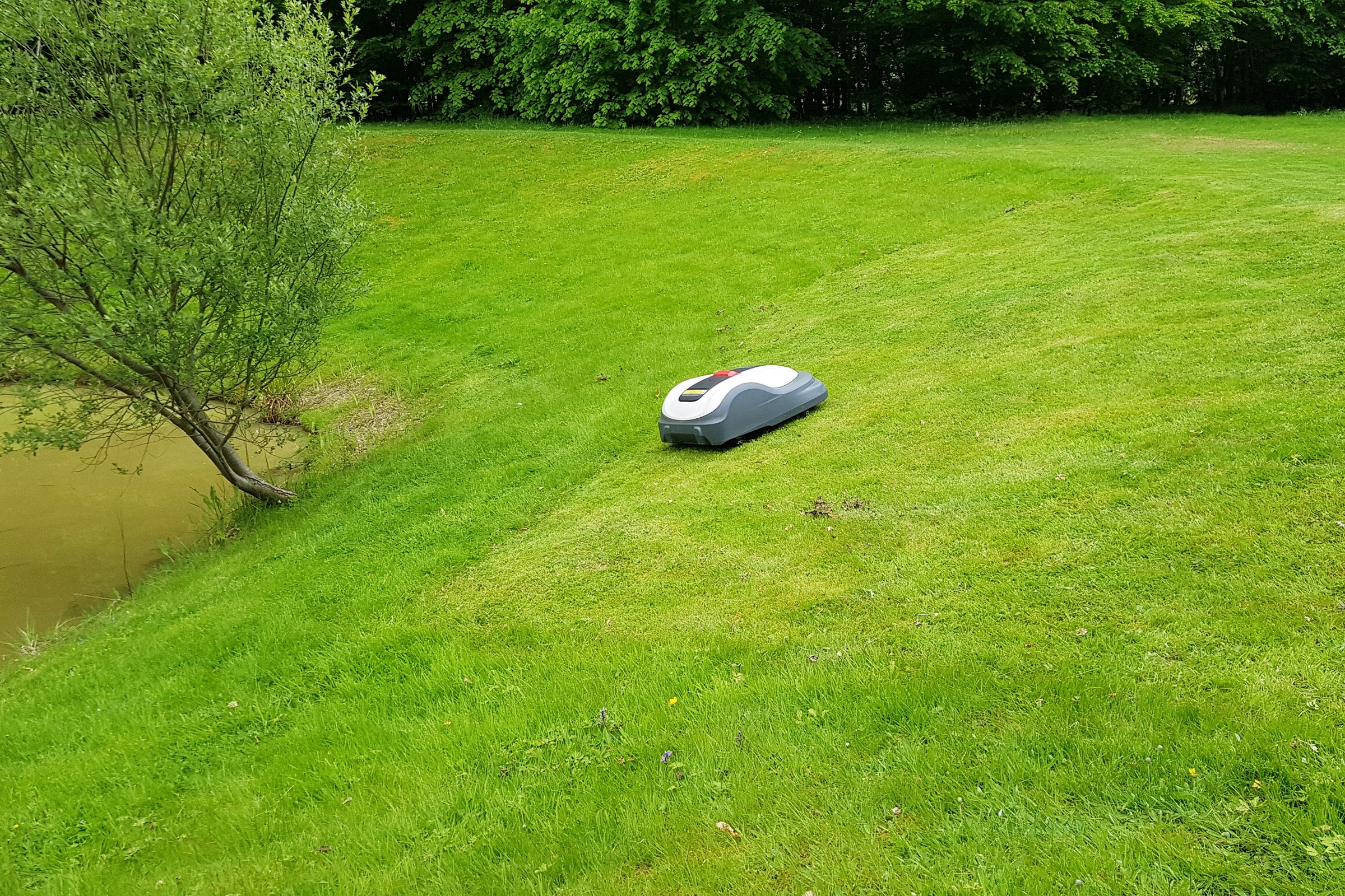 A gray-white Honda Miimo 3000 robot lawnmower working in lawn over slope