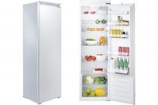 A silver-white closed and an open Hotpoint HS1801AA fridge standing on white background