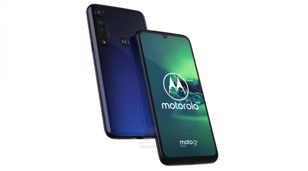 Two Motorola G8 smartphones floating on white background showing front and back panel view