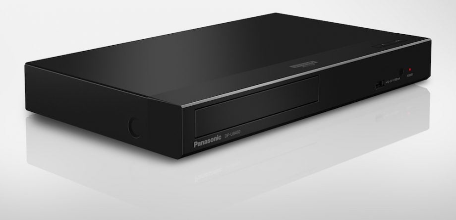 Left angled view of a black Panasonic UB450 blu-ray player kept on a white background