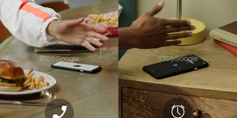 A wallpaper of 9TO5Google about Pixel 4 Motion Sense, sliding left and right gesture by hand