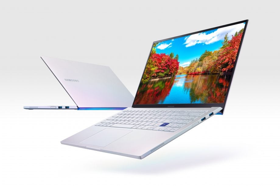 Two white Samsung Galaxy Book Ion floating on white background showing front and back panel view