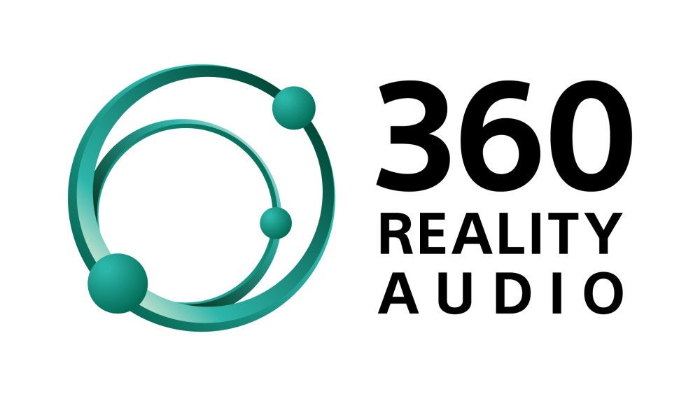 Sony 360 Reality audio logo with two bluish green circles with dots on line, circle connected on bottom left, with 360 Reality audio written on the right