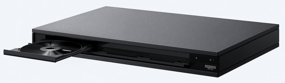 Sony UBP-X800M2Right angled view of a gray-black Sony X800M2 player kept on a white background with disc tray out