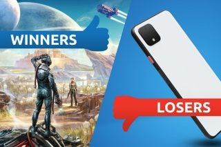 A wallpaper of The Outer Worlds game on left tagged as winners and a Pixel 5 XL on right tagged as losers