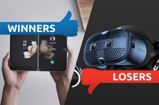A foldable phone on left tagged as winners with a Vive VR on right tagged as losers