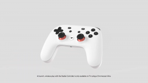 A white Google Stadia gaming controller floating on a silver background