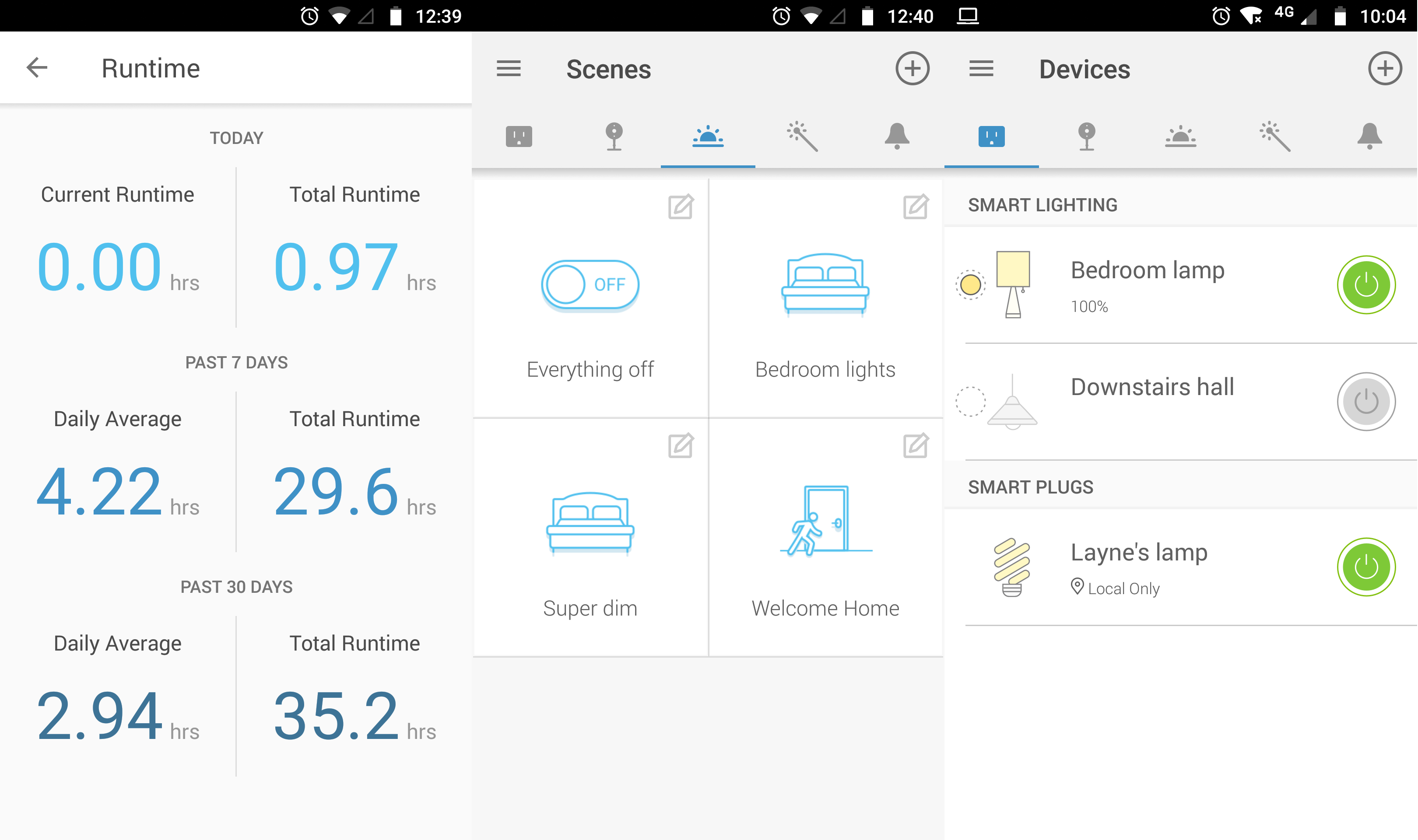 TP-Link Kasa app screenshots showing runtime info and scenes