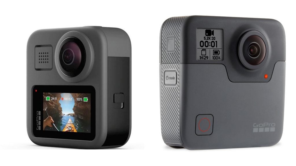 A gray GoPro Max and a gray GoPro Fusion standing on white background