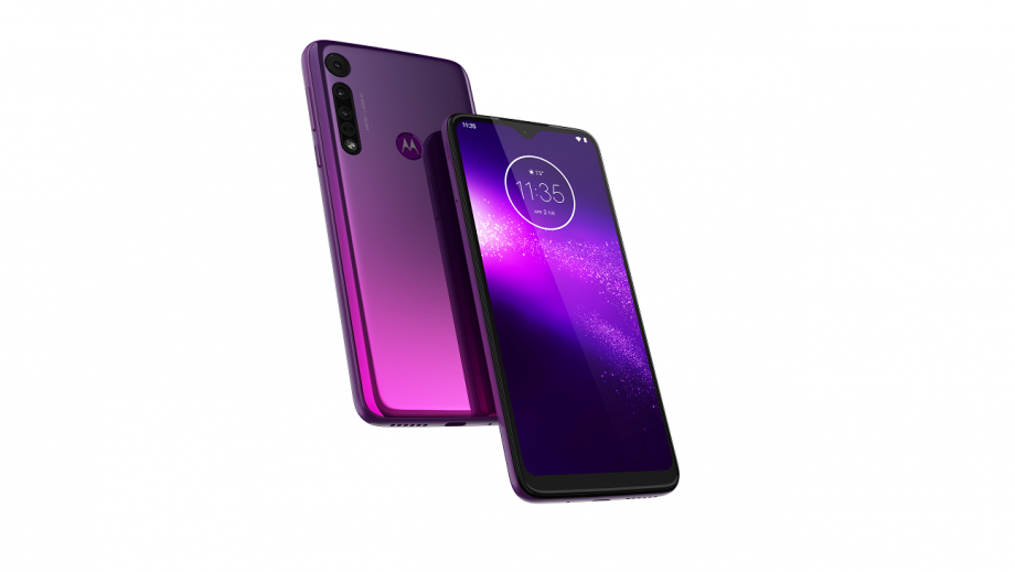 Two violet Motorola One Macro smartphones floating on a white background showing front and back panel