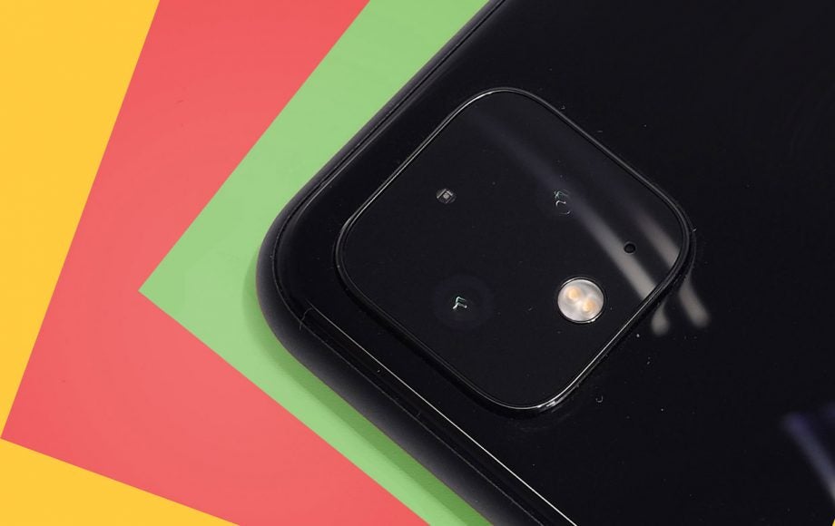 Close up view of a black Pixel 4's back camer section
