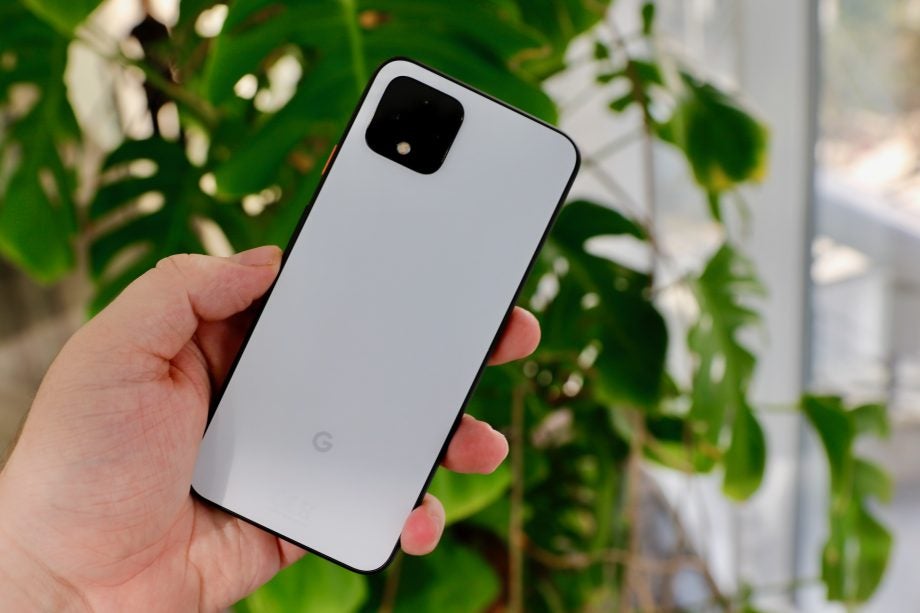 Back panel view of a Google Pixel 4 held in hand facing back