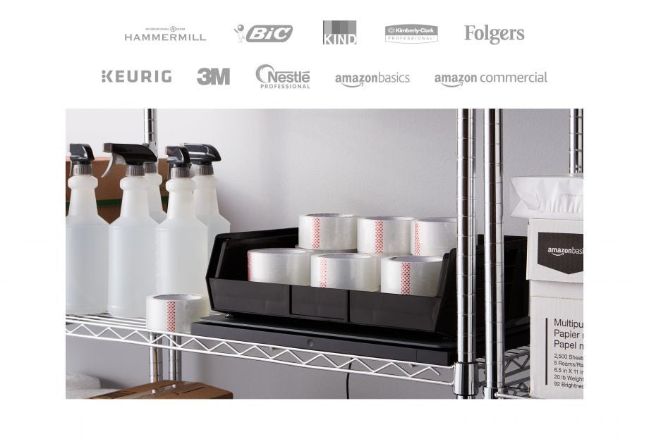 A wallpaper of Amazon Dash shelf with different companies logo on top